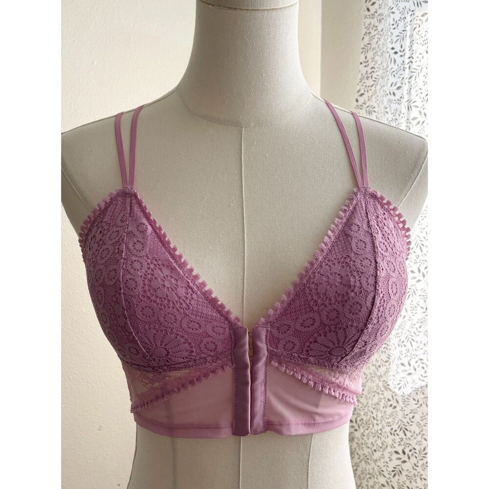 Aerie Bralette Women’s Small Pink Lace Padded Longline Front Closure Strappy